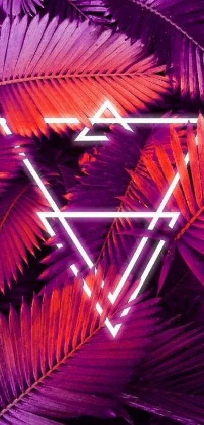 Vibrant neon palm leaves with geometric shapes on a purple background.