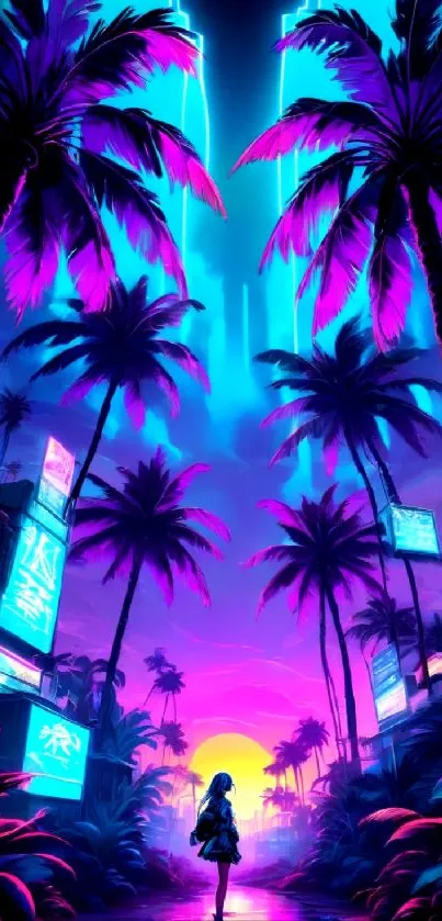 Neon-lit palm trees against a futuristic cityscape at sunset.