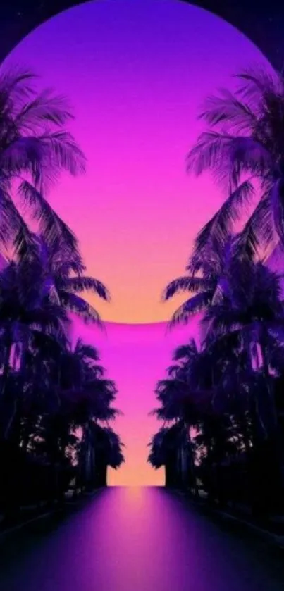 Vibrant neon sunset with palm trees lining a futuristic purple horizon.