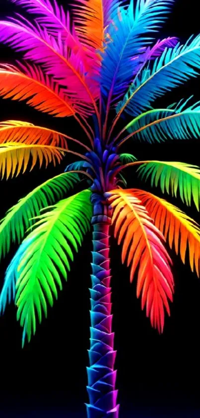 Vibrant neon palm tree against a black background.