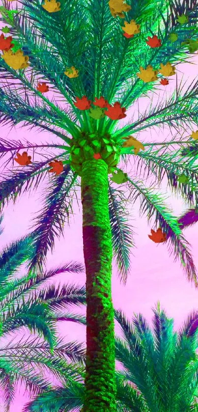 Vibrant neon palm trees against a purple sky background.