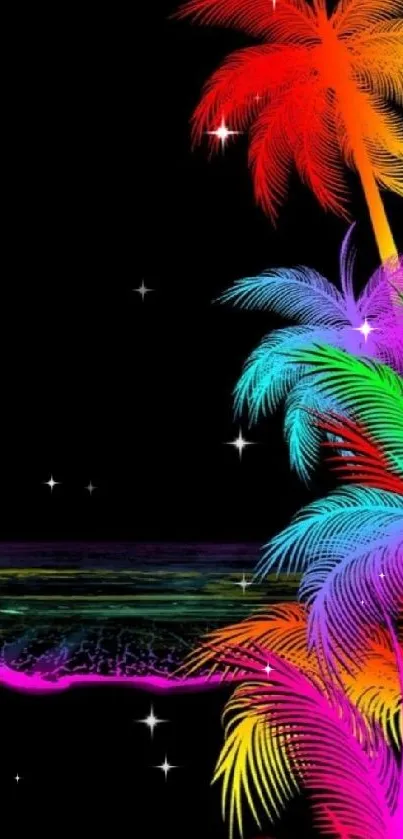 Vibrant neon palm tree wallpaper with a dark background.