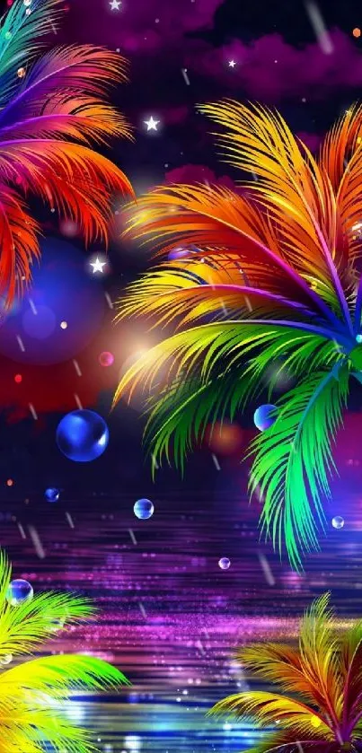 Vibrant neon palm trees with cosmic sky.