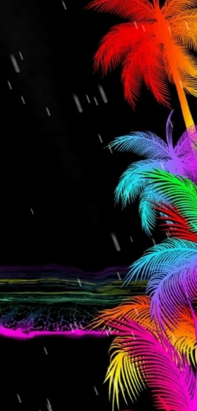 Vibrant neon palm trees on a black mobile wallpaper.