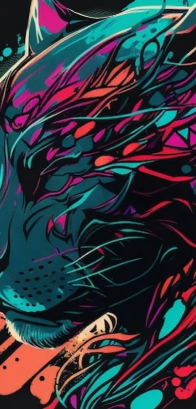 Neon panther with colorful accents in an abstract artistic style.