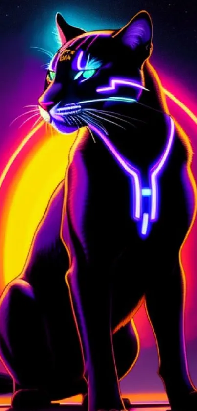 Neon panther in vibrant cosmic colors on a purple background.