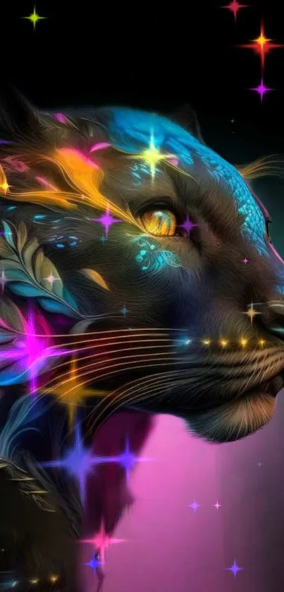 Neon panther art with colorful patterns and vibrant glowing effects.