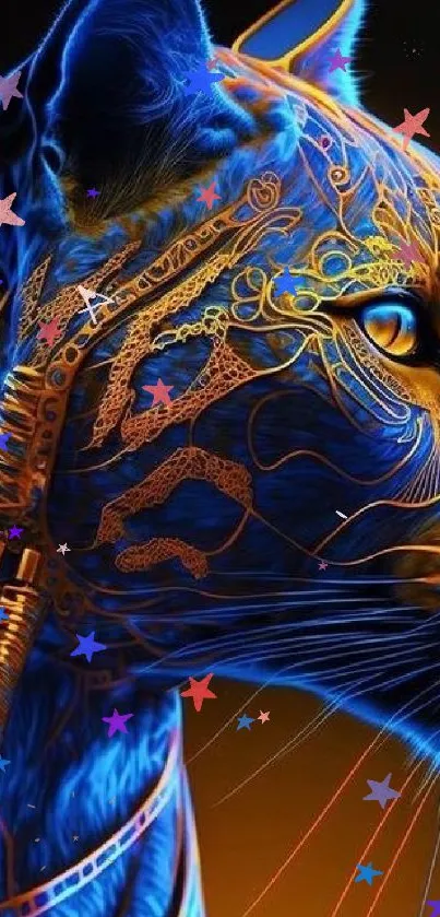 Colorful neon panther art wallpaper with blue and gold hues.