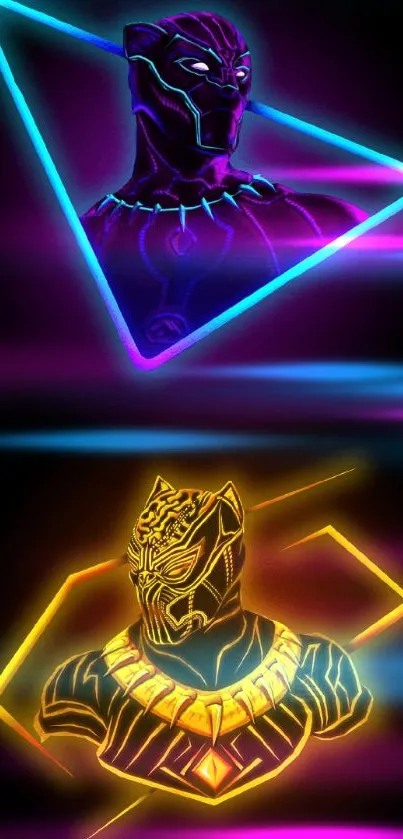 Vibrant neon panther design on wallpaper with colorful geometric shapes.