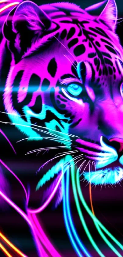Neon panther with vibrant colors on a black background.