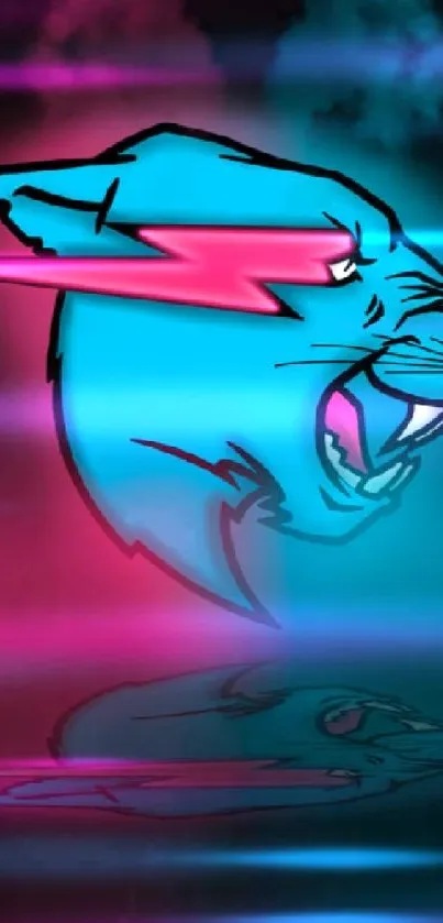 Neon panther in blue and pink hues on a digital wallpaper.