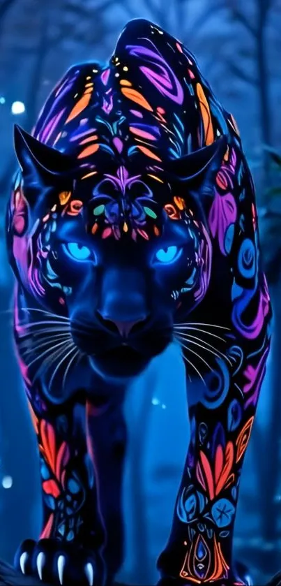 Neon panther with colorful patterns in a dark forest.