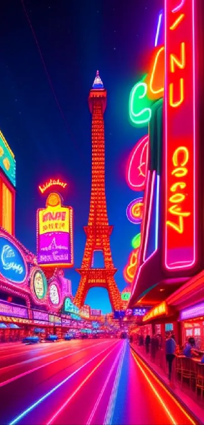 Neon-lit Paris street with Eiffel Tower.