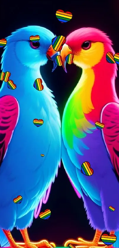 Vibrant neon parrots on a dark background, colorful mobile wallpaper.