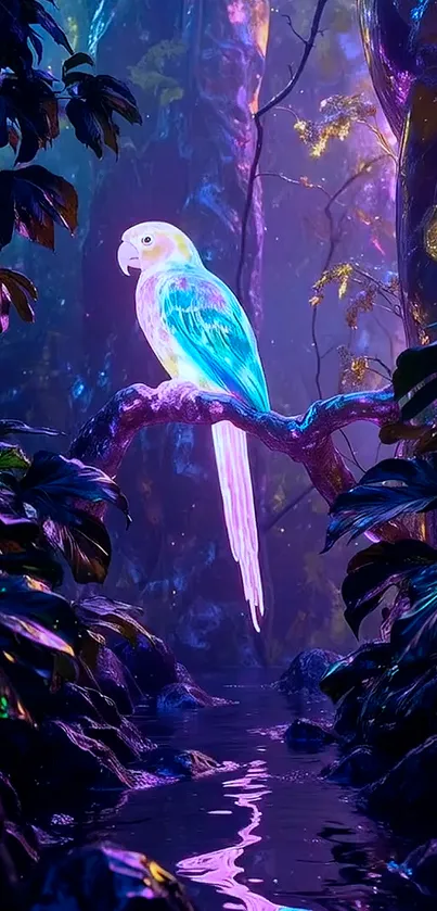 A neon parrot glows vibrantly in a mystical jungle setting.