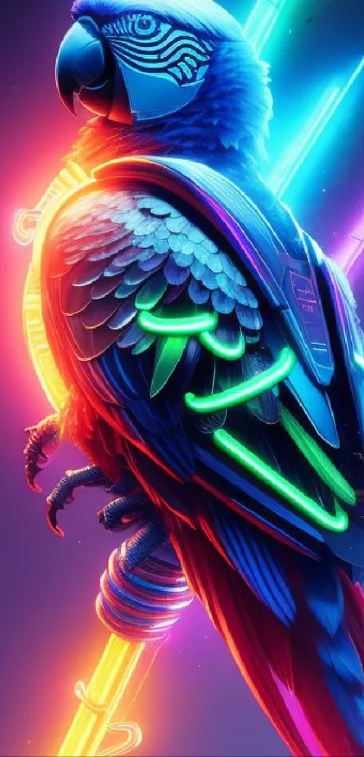 Futuristic neon parrot with vibrant, glowing feathers on a digital wallpaper.