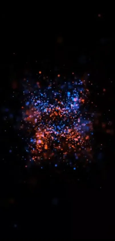 Abstract neon particles in blue and orange on a black background.