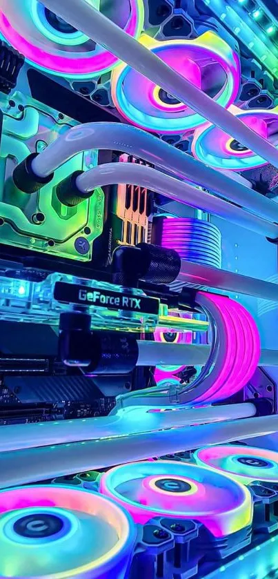 Vibrant neon computer setup with RGB lighting and fans.