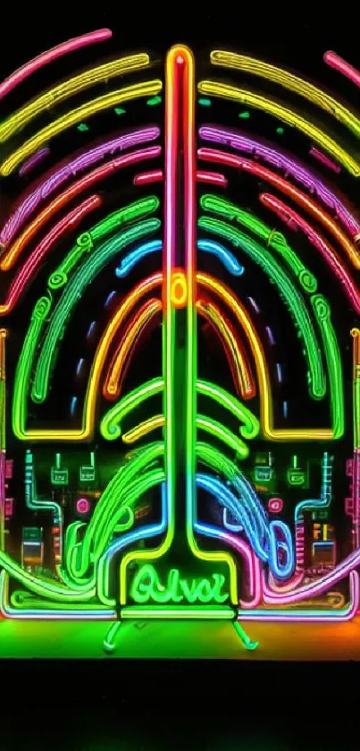 Vibrant neon art with peace symbol and glowing colors.