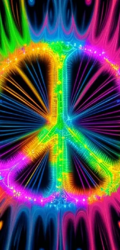 Vibrant neon peace sign with psychedelic colors.