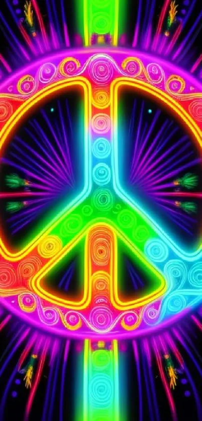 Bright neon peace sign with colorful, vibrant energy and symmetrical design.