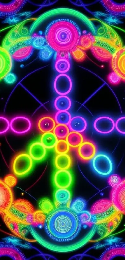 Vibrant neon peace sign wallpaper with psychedelic design and colorful circles.