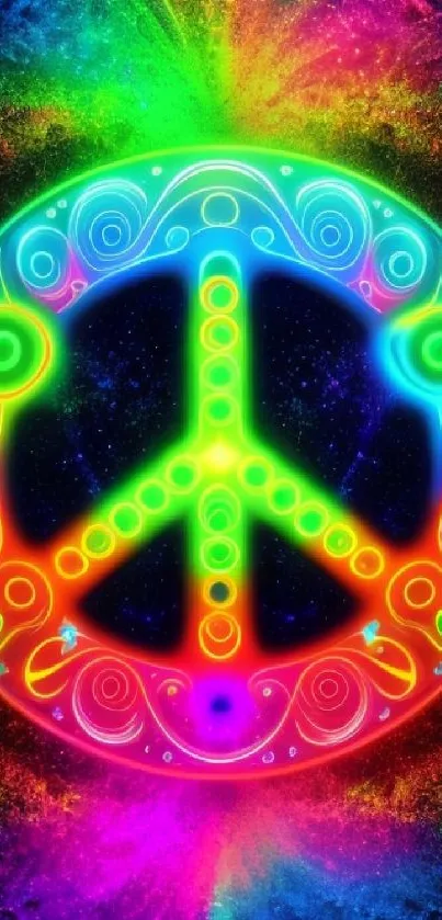 Vibrant neon peace symbol with colorful cosmic backdrop.