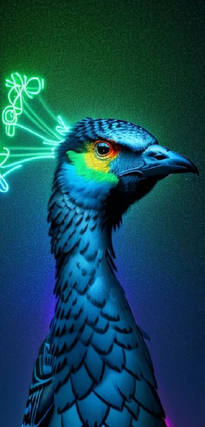 A neon peacock with vibrant blue hues on a dark background.