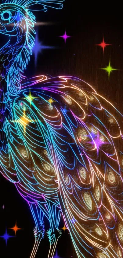 Vibrant neon peacock digital art wallpaper with glowing colors.