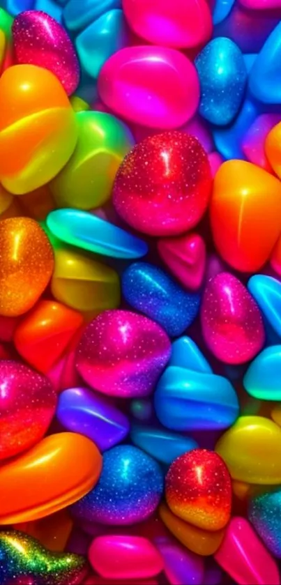 A vibrant display of colorful neon pebbles with a glossy finish.