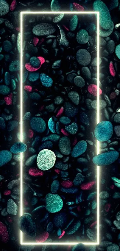 Vibrant neon pebble wallpaper with glowing stones.