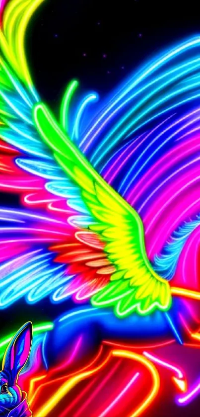 Neon Pegasus with colorful wings on black background.