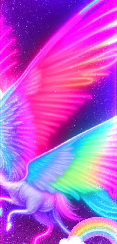 Colorful neon pegasus with rainbow wings