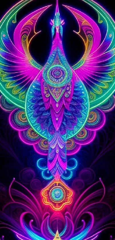 Vibrant neon phoenix wallpaper with intricate patterns and vivid colors.