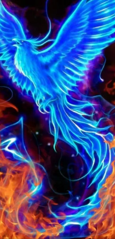 Neon blue phoenix with glowing details on dark background.