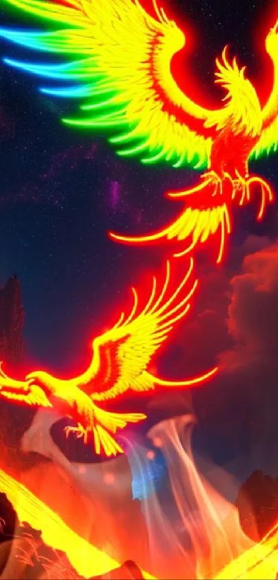 Vibrant neon phoenix over a fiery volcanic landscape.