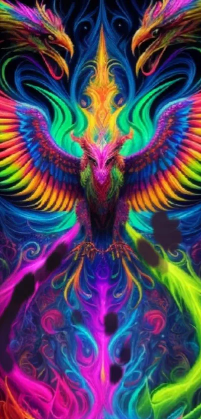 Colorful neon phoenix with vibrant wings and glowing flames.