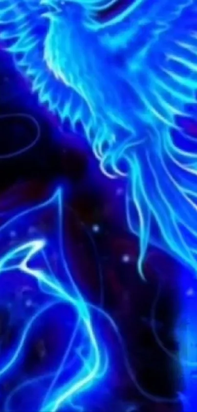Electric blue neon phoenix glowing on dark background.