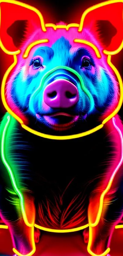 Vibrant neon pig art with colorful lighting.