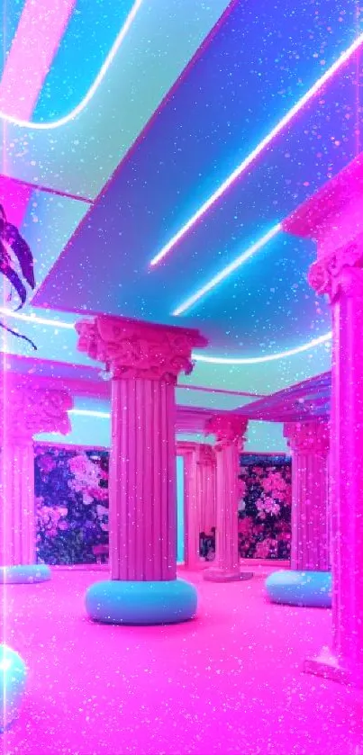 Vibrant neon pink and turquoise pillars in a striking modern wallpaper design.