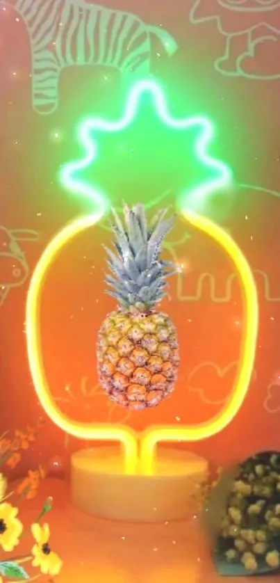 Vibrant neon pineapple with orange backdrop.