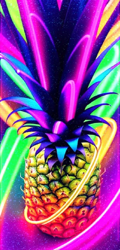 Vibrant neon pineapple with multicolored glowing swirls.