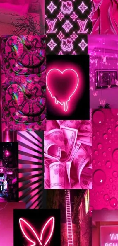 Neon pink collage with vibrant designs and bold visuals.