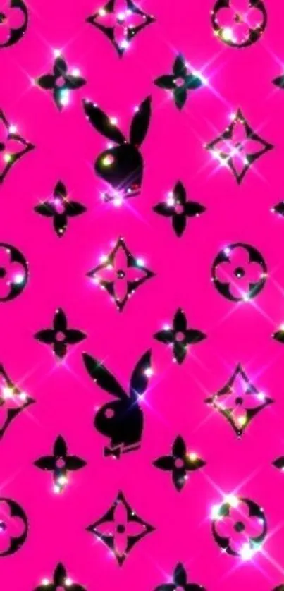 Neon pink wallpaper with glossy black motifs.