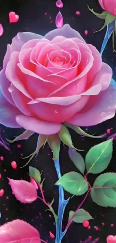 Vibrant neon pink rose with green leaves on dark background.