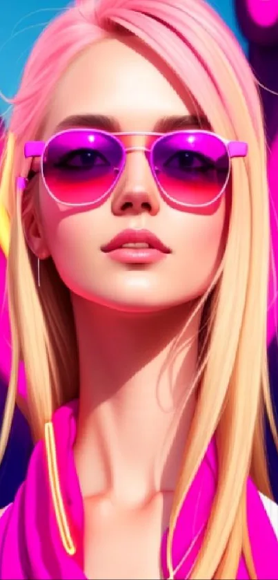 Stylish model in neon pink with sunglasses creating a bold fashion statement.