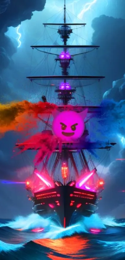 Neon pirate ship sailing through vibrant, stormy seas at night.