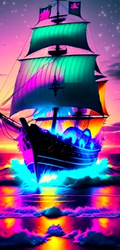 Vibrant neon pirate ship sailing at twilight.