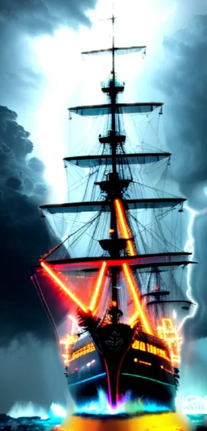 Neon-lit pirate ship in stormy sea wallpaper