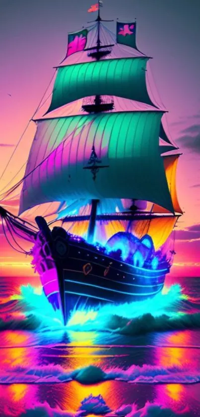 Neon pirate ship sailing in vibrant sunset over ocean.